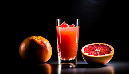 glass of orange juice and fruits red in black background