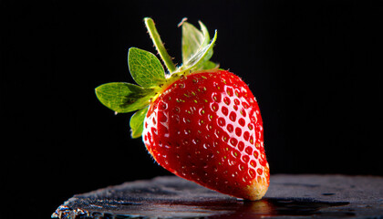 red strawberry on a black background macro