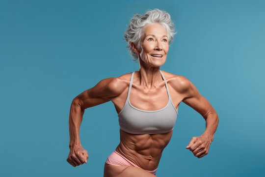 Strong retired old woman running, fit granny training