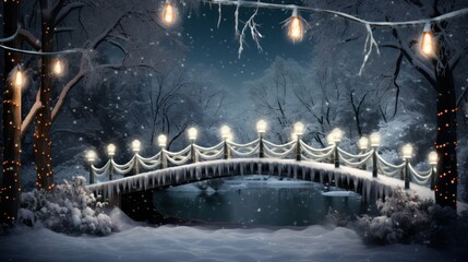 Christmas backdrop with snow-covered bridge over gently flowing river