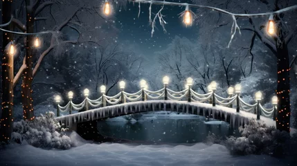 Fotobehang Christmas backdrop with snow-covered bridge over gently flowing river © Sergio Lucci