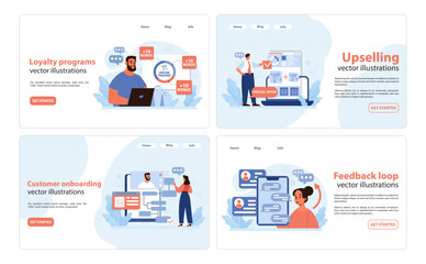 Business strategies set. Professionals exploring loyalty programs, initiating upselling tactics, streamlining customer onboarding, managing feedback loops. Effective client engagement. Flat vector.