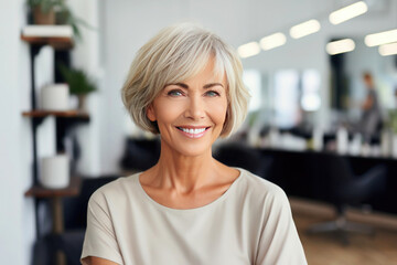 Portrait of a happy successful well-groomed beauty salon owner joyfully greeting her visitors