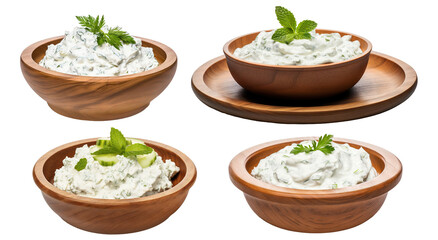 Set of delicious tzatziki sauces in bowls, cut out - obrazy, fototapety, plakaty