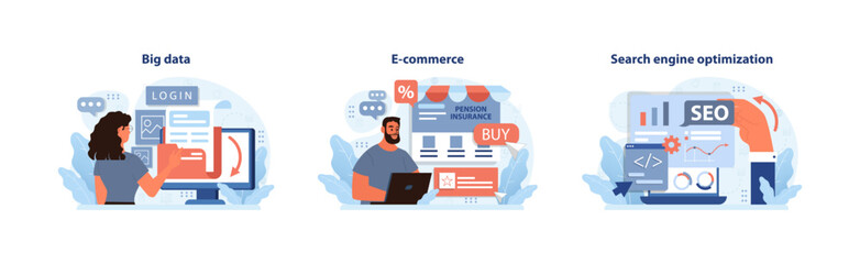 Digital Business essentials. Harnessing big data, streamlining e-commerce, and mastering SEO. Key elements for a robust online presence. Flat vector illustration. - obrazy, fototapety, plakaty
