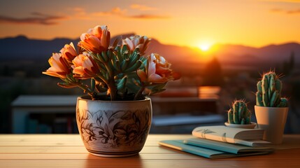 Flower pot on a office desk, succulent cactus vase, Generative AI
