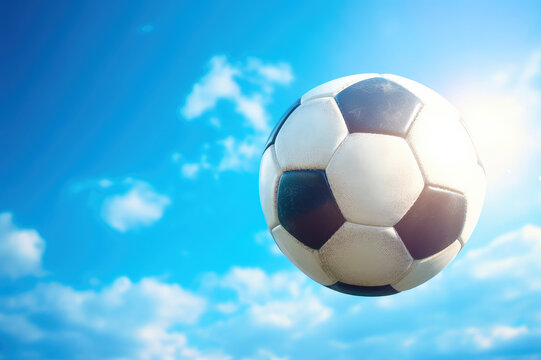 Soccer ball on blue sky with backlight, football on blue sky. Generative AI