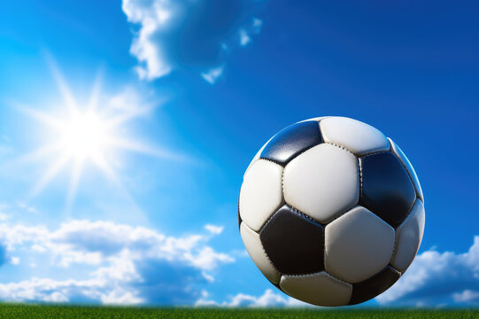 Soccer ball on green grass with sunlight, football on green grass with backlight. Generative AI