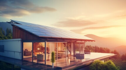 Obraz premium Generic smart home with solar panels rooftop system for renewable energy concepts