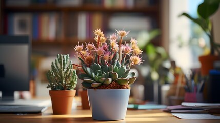 Flower pot on a office desk, succulent cactus vase, Generative AI