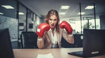 Kobieta w rękawicach bokserskich w biurze gotowa do podjęcia wyzwania.