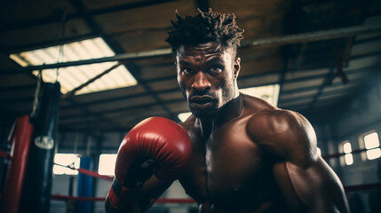 Mężczyzna, bokser w rękawicach na sali treningowej - obrazy, fototapety, plakaty