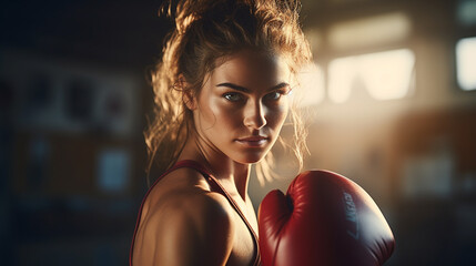 kobieta, trenuje boks w rękawicach na sali treningowej - obrazy, fototapety, plakaty