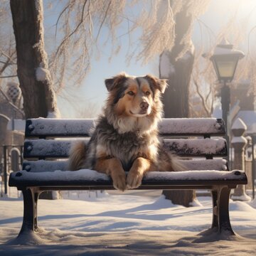 Generative AI image of a street of small trees on a clear winter day, an old bench and a beautiful and large dog resting on the bench