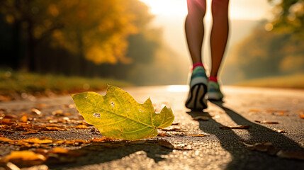 Kobieta biegnie przez las uprawia sport o poranku w promieniach słońca