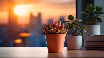 Succulent cactus flower pot on a office desk, window in the background and sunlight, stock photo