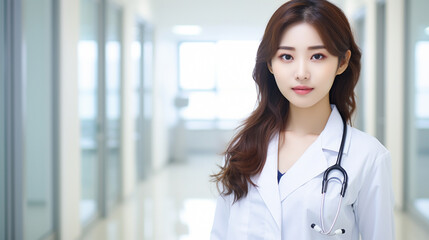 Lekarz, kobiet azjatka w białym fartuchu na tle białego sterylnego medycznego korytarza - obrazy, fototapety, plakaty