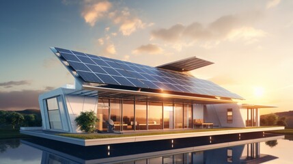 Generic smart home with solar panels rooftop system for renewable energy concepts - obrazy, fototapety, plakaty