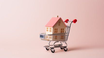 mały model domu w koszyku zakupowym na jednolitym studyjnym tle, zakup nieruchomości - obrazy, fototapety, plakaty