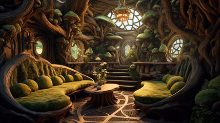 Märchenhafte Zuflucht, Ein mittelalterliches Zimmer im Waldversteck. generative KI