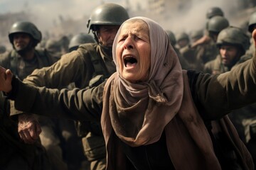 Powerful Image of a Woman in Hijab Raising Her Voice Amidst Military Personnel, Reflecting the Israeli-Palestine Conflict.