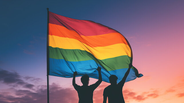 Dwie osoby na tle tęczowej flagi, r&oacute;wnouprawnienie LGBT