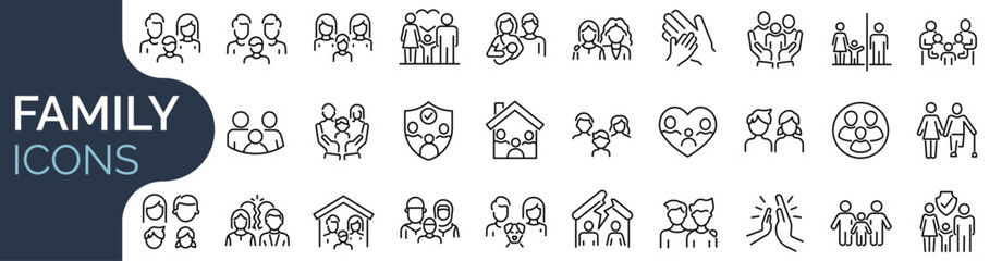 Set of outline icons related to family. Linear icon collection. Editable stroke. Vector illustration - obrazy, fototapety, plakaty