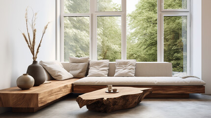 Pokój gościnny w skandynawskim stylu z kanapą narożnikową, drewniane meble dużo światła. - obrazy, fototapety, plakaty