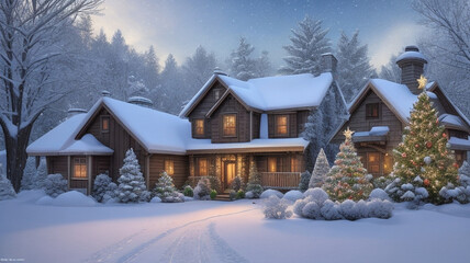 Captivating 3D Christmas village snow globe texture, emanating enchantment with softly lit snowy village scene. Ideal holiday backdrop.