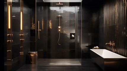 Luksusowa nowoczesna łazienka w złotym i czarnym kolorze. Kabina prysznicowa - obrazy, fototapety, plakaty