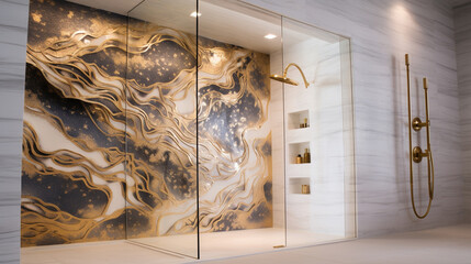 Luksusowa nowoczesna łazienka w złotym i białym kolorze. Kabina prysznicowa