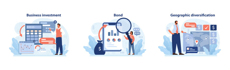 Investment strategy set. Exploring business growth, analyzing bonds, and ensuring geographic asset spread. Business prospects, financial evaluation, and global market reach. Flat vector illustration