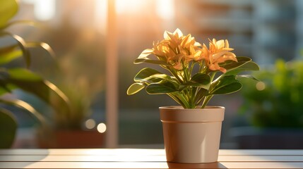 Cactus flower pot on a office desk, window in the background and sunlight, stock photo