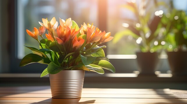 Cactus flower pot on a office desk, window in the background and sunlight, stock photo