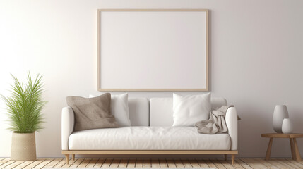 Prosty design kanapy z trzema poduszkami i ramką na zdjęcie wiszącą na ścianie