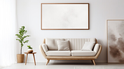 Prosty design szarej kanapy z trzema poduszkami i ramką na obraz wiszącą na ścianie - obrazy, fototapety, plakaty
