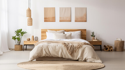 Delikatny design minimalistyczny sypialni w pastelowych kolorach,  - obrazy, fototapety, plakaty