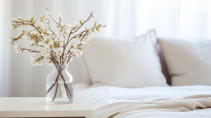 Zdjęcie poduszek z wazonem pełnym kwiatów w delikatnych kolorach - obrazy, fototapety, plakaty
