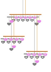 Mobile avec des cœurs roses suspendus portant les mots amour, love, amor © Hervé Rouveure