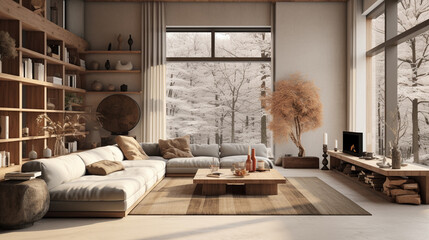 Przytulny pokój gościnny w minimalistycznym stylu zima za oknem - obrazy, fototapety, plakaty