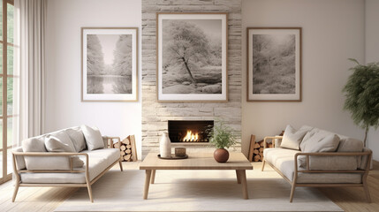 Przytulny pokój gościnny w minimalistycznym stylu z kominkiem w środku dnia - obrazy, fototapety, plakaty