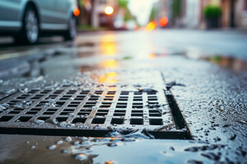 Close-up of a storm drain on a city street during the rain. Storm sewer during a downpour - obrazy, fototapety, plakaty