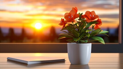 Flower pot on a office desk, succulent cactus vase, Generative AI