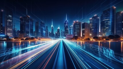 Fototapeta premium Modern city with high speed internet connection technology, can be used for display or montage your products, business, skyscraper, skyline, digital, connect, communication, network