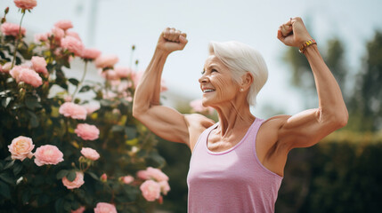 Uśmiechnięta starsza kobieta, babcia wznosi ręce do góry po treningu pełna energii - obrazy, fototapety, plakaty