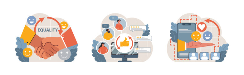 Diversity set. Unity in handshake, inclusive online feedback, love in digital communication. Equality in the workplace, unified teams, digital appreciation. Flat vector illustration.
