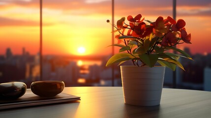 Succulent flower pot on a office desk, window in the background and sunlight, stock photo