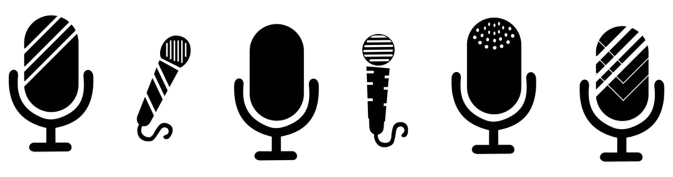 Mics icon set. black and white editable vector silhouette singer music and instrument vocal cover songs mic with code