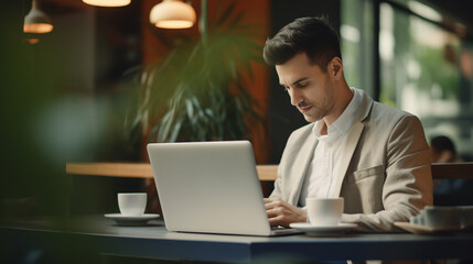 Mężczyzna pracuje zdalnie w kawiarni kubek kawy na stoliku obok laptopa 