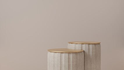 Stone empty podium or pedestal with golden top for product presentation on two floors. 3d rendering	